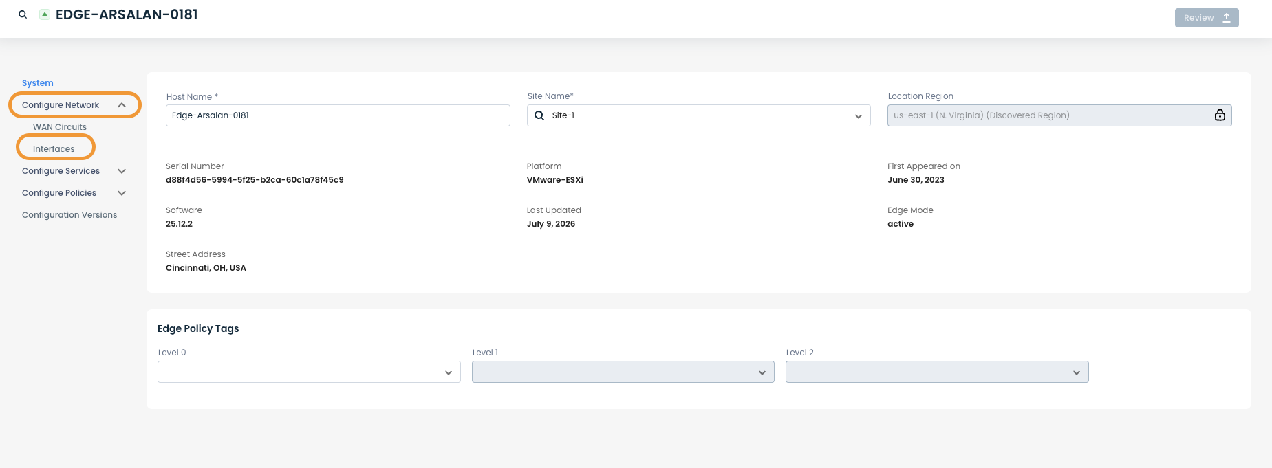 Configuration interface displaying network settings, including host name and software version.